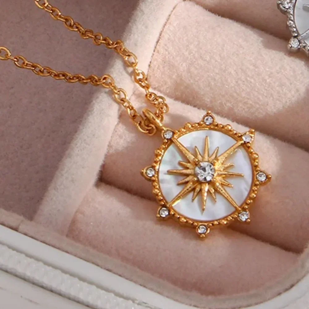 8-Point North Star Pendant Necklace with 18K Gold Plating and Natural Shell - Picture 4 of 8